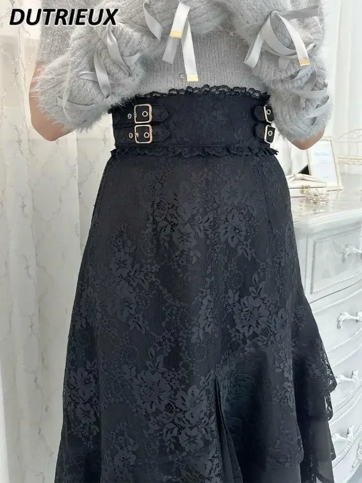 Spring and Autumn New Japanese Double-sided Belt Decorative Lace Long Skirt Sweet Cute Girls High-waisted Layered Skirts