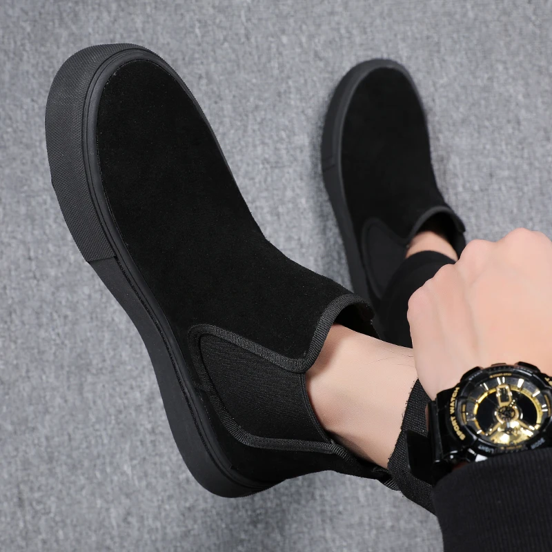 Korean style men\'s fashion chelsea boots cow suede leather flats shoes cowboy platform boot black trend handsome ankle botas man