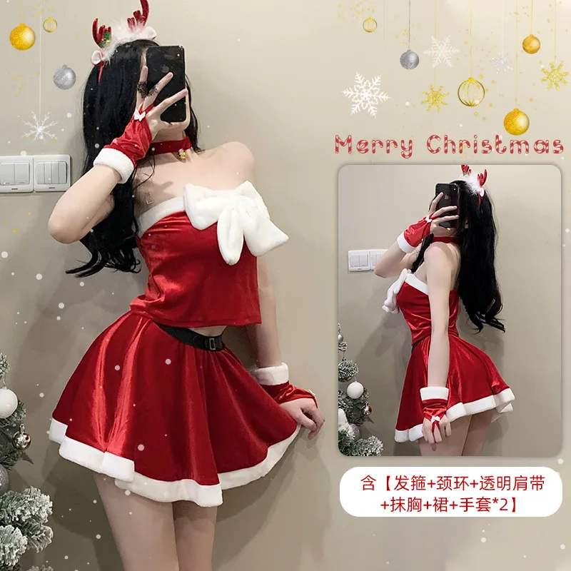 Women's Christmas Uniform Cosplay Mrs Santa Claus Set Outfit Velvet Sleeveless Crop Top and Mini Skirts Costume M L