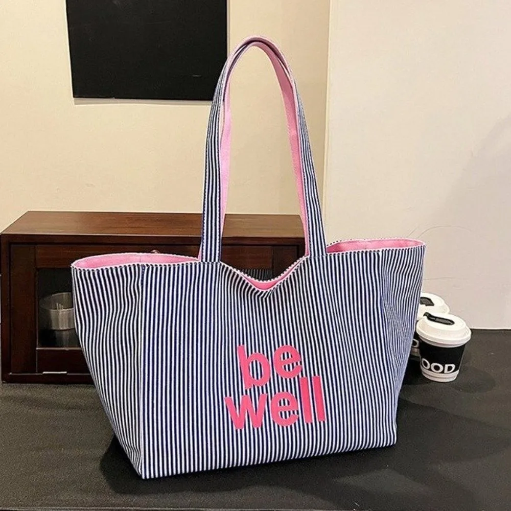 대형 스트라이프 여성용 숄더백 양면 디자인 캔버스 소재 캔버스 핸드백 다용도 스타일 대용량 스트라이프 토트백
