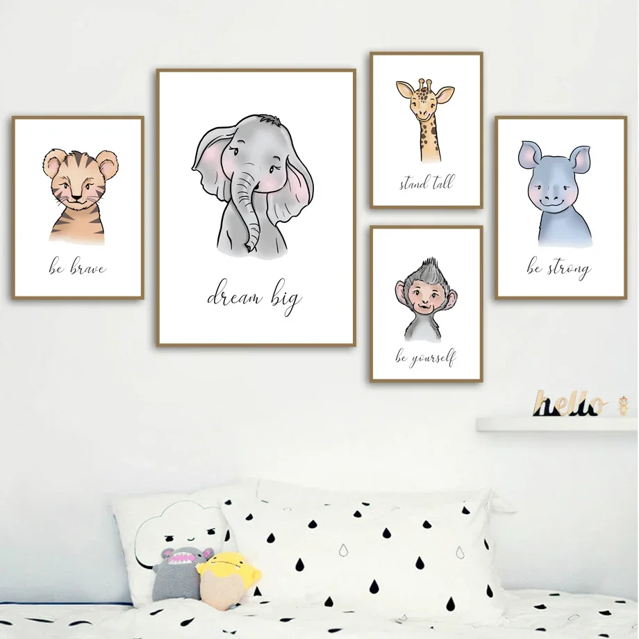 Boho Baby Animals Elephant Zebra Hippo Giraffe Monkey Nursery Art Canvas Painting Posters Prints Wall Pictures Kids Room Decor