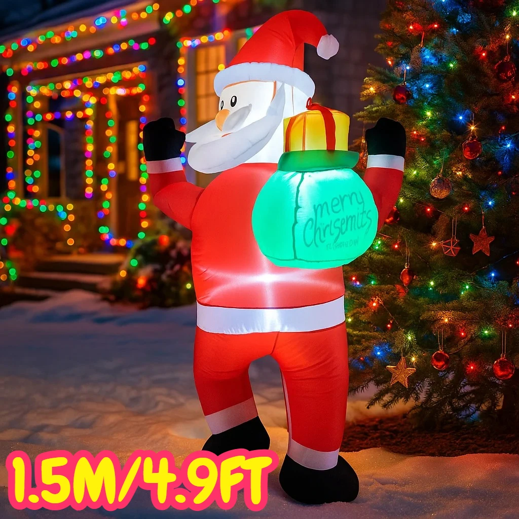 1,5 м/4,9 фута надувной Санта-Клаус с подарочным пакетом, светодиодные светильники для домашнего декора, игрушки для двора, Рождества, праздника, уличного газона, сада, освещение, декор