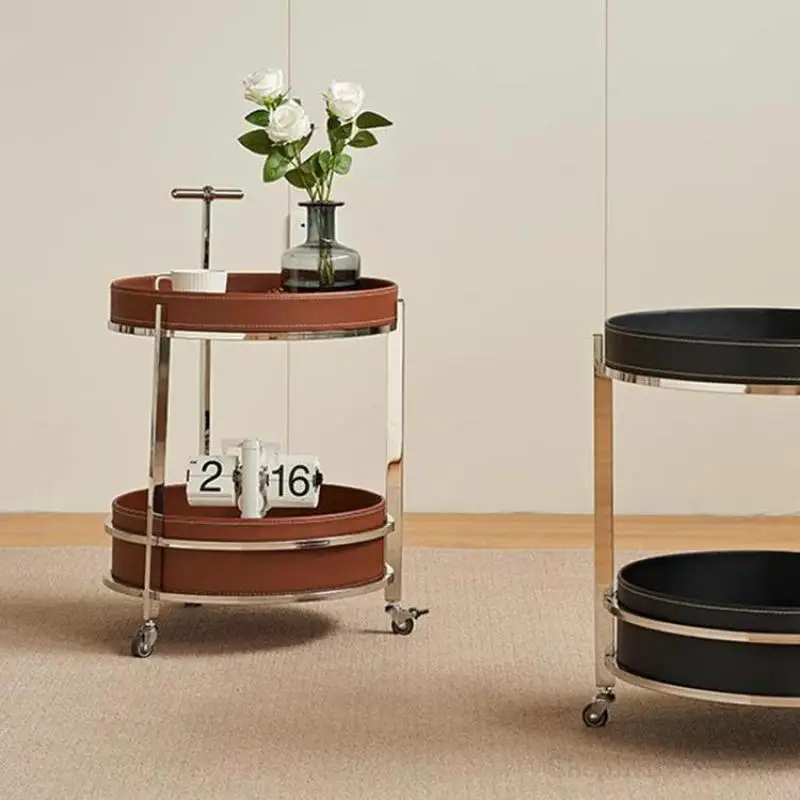 

Nordic Circular Living Room Movable Cart Sofa Edge Table Light Luxury Multifunctional Storage Saddle Leather Snack Cart