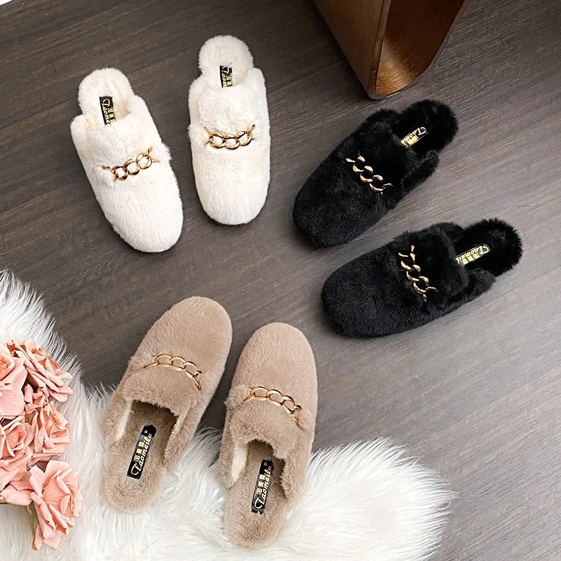 size 33-43 faux fur mules house slippers for woman flat shoes luxury woman chains hotel travel lady mules luxe femme