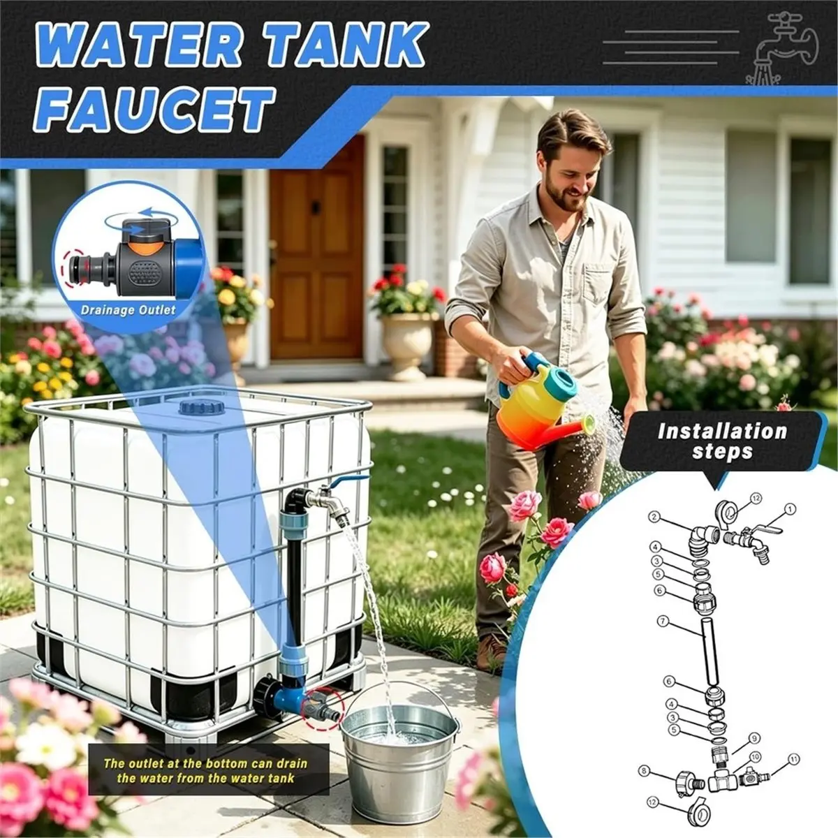 a20z-ibcタンク-グースネック-3-4インチアウトレットタップ：2-in-1-ibcタップセット（タップとグースネック付き）1000リットル屋外用ウォータータンク用
