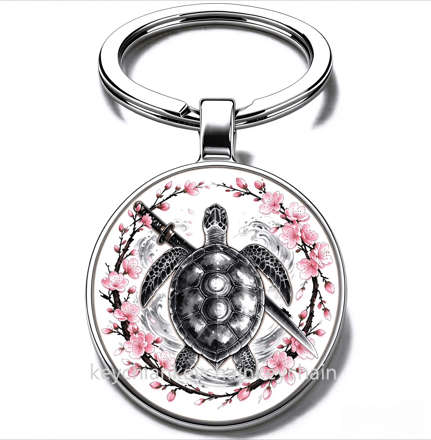 Japanese tortoise Cherry Blossom Katana Keychain Samurai Sword Sakura Wreath Key Ring Car Bag Pendant Men Gift