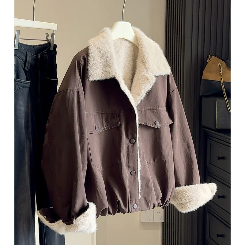 

Warm Thick Plush Collar Work Clothes Parker Short Coat for Women Winter Casual Loose Versatile Fake Fur Liner Short Coat Female