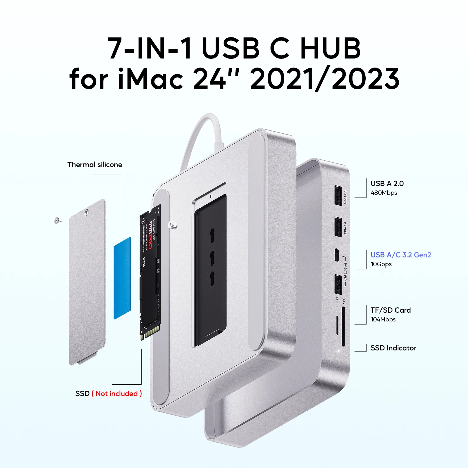 PULWTOP USB C HUB for iMac M1/M3/M4 with USB C 10Gbps, USB A SD/TF, iMac Accessories Support Expand M.2 SSD (Not Included)