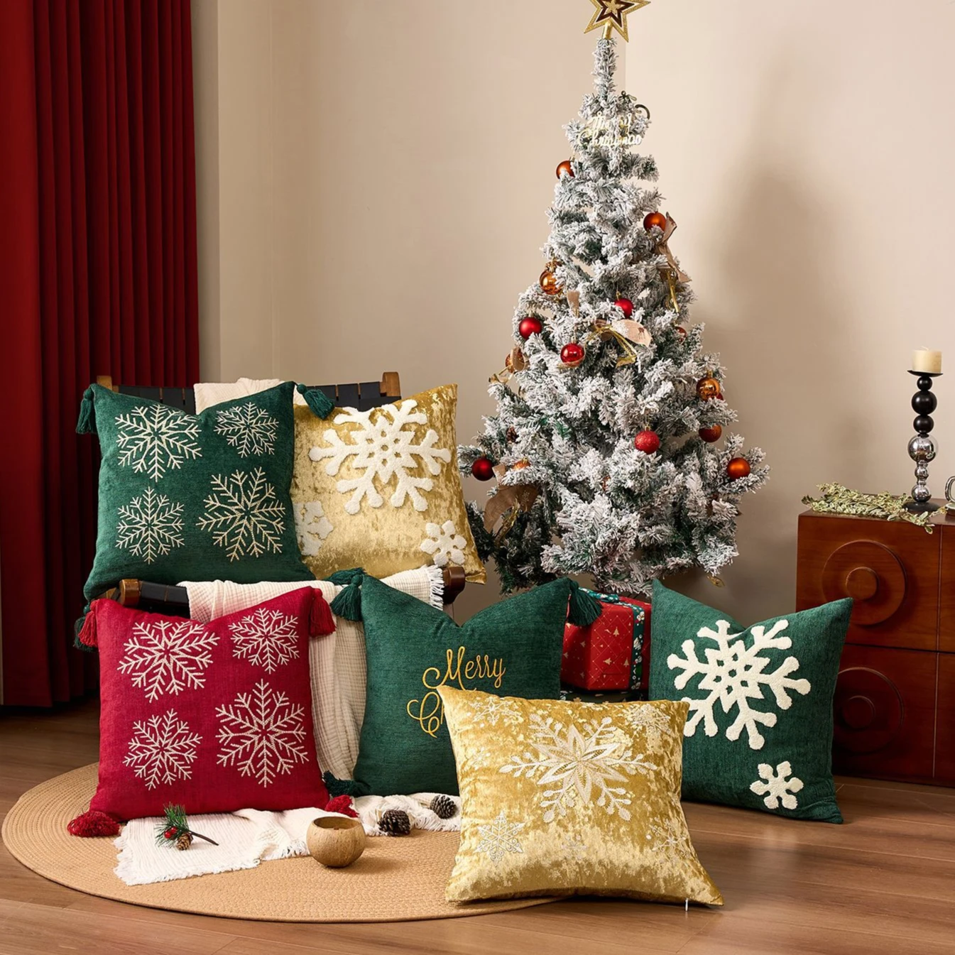 

Christmas Tree With Bell Cushion Cover Green Red Snowflakes Pompom Balls Embroidery Soft