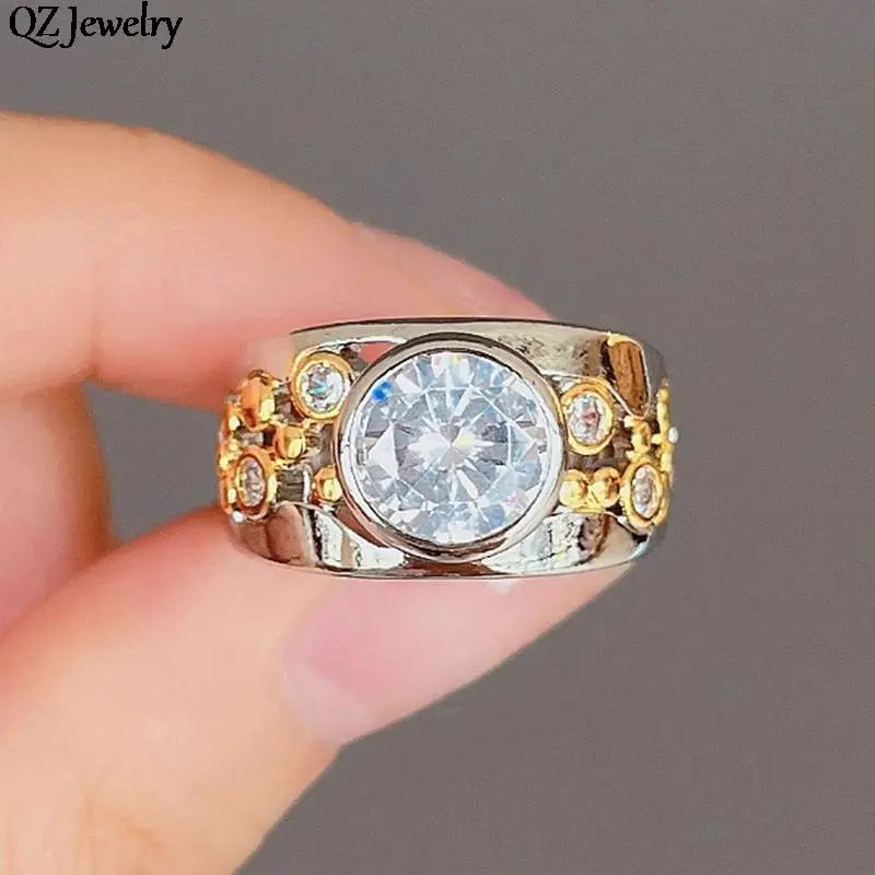 Personality Two Tone Design Rings Luxury Hollow Inlaid Round Cubic Zircon Finger Rings for Men Women Engagement Jewelry Gifts