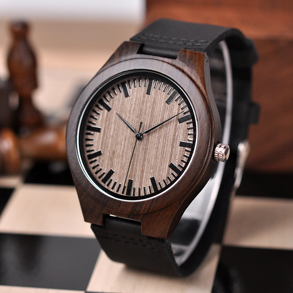 

erkek kol saati BOBO BIRD Men Women Wrist Watches Leather Band Ebony Quartz Timepiece relogio masculino In Gift Box V-S10