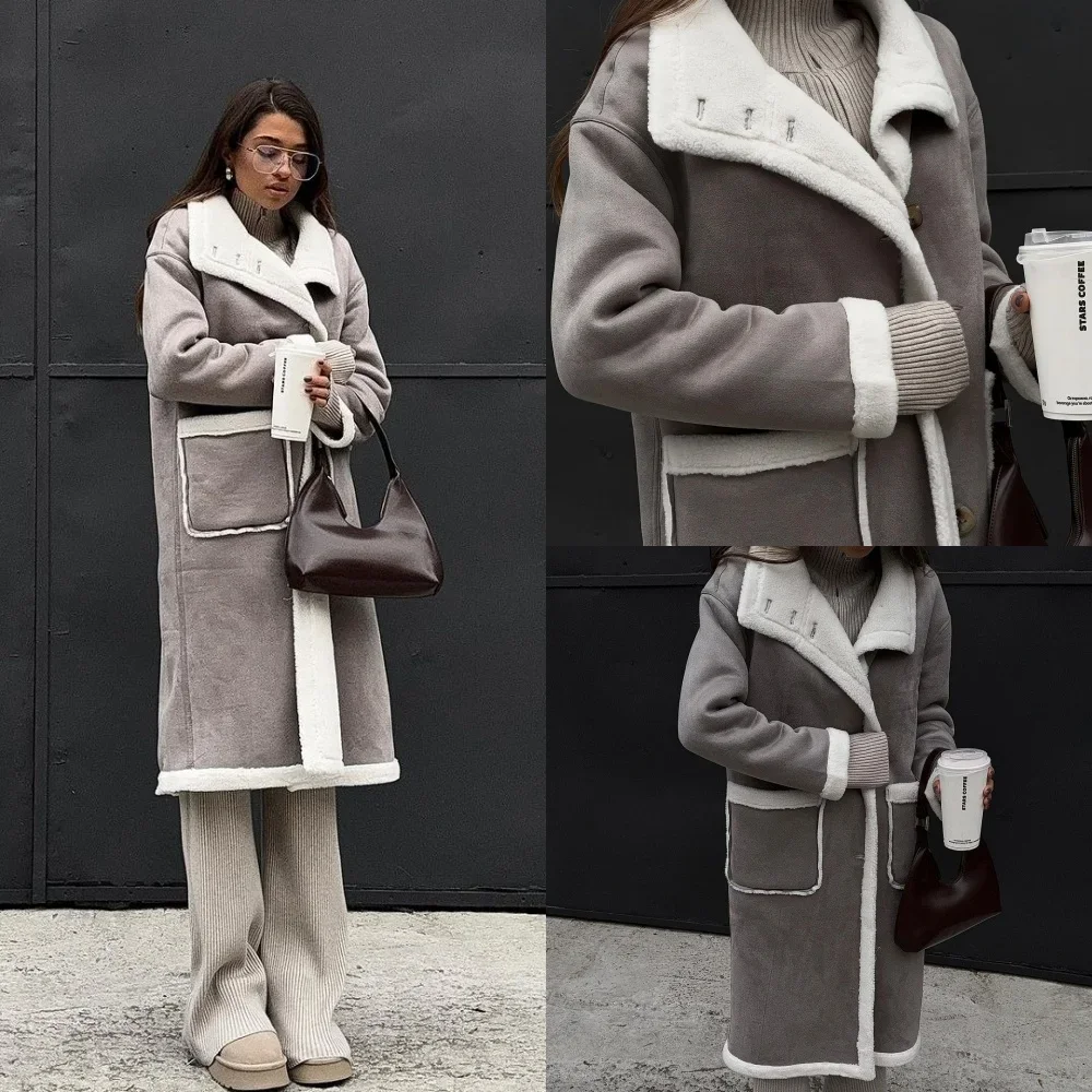 

2024 Europe and The United States Autumn and Winter New Sticker Bag Gray Patched-color Coat Lapel A Body Hair Coat Woman