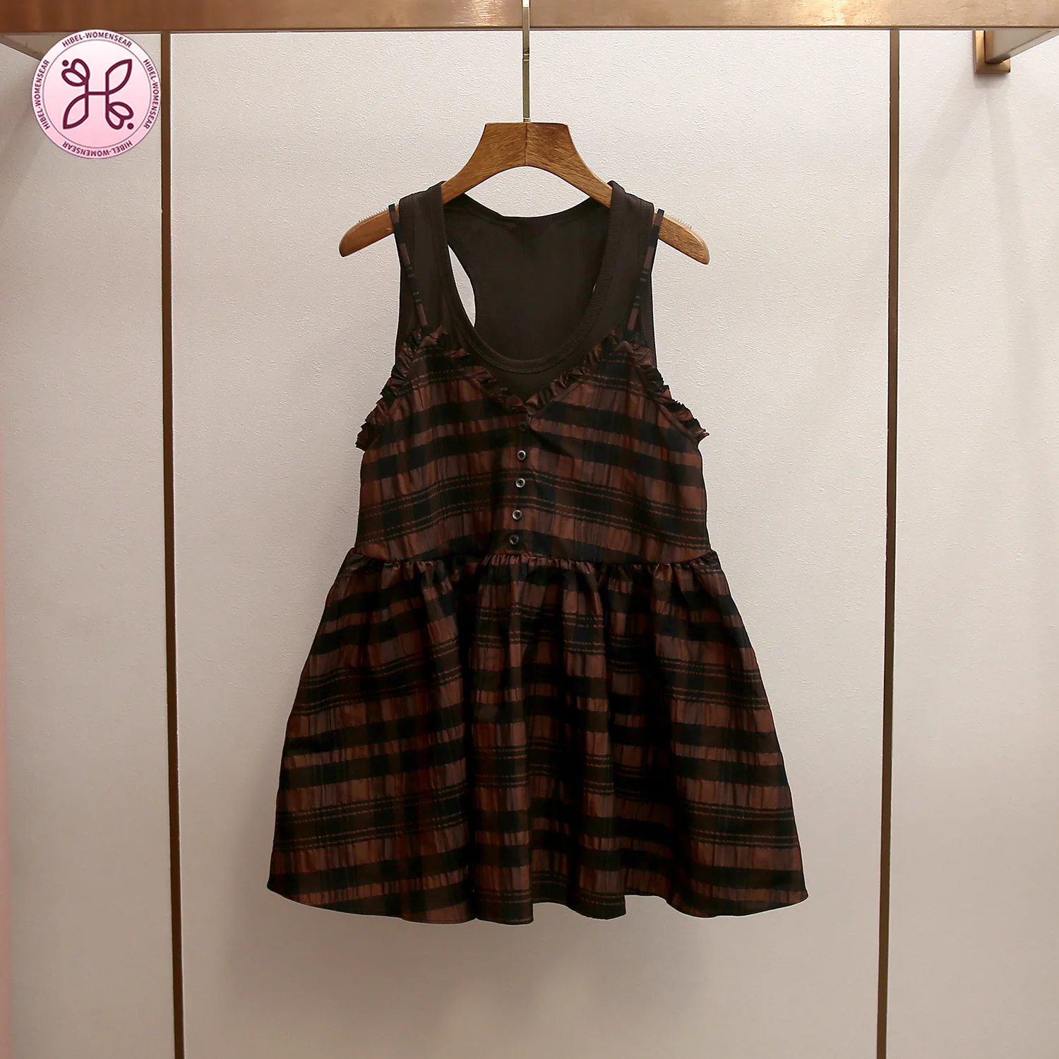 

French Retro Chic Plaid Cami Dress, Black Check Cami Babydoll Dress Dark Brown Racerback Tank Layering Two Piece Set