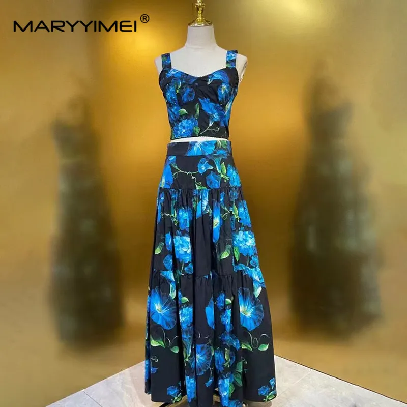 

MARYYIMEI Fashion Women's New Woven Cotton Backless Spaghetti Strap Blue Printed Vintage Top+Shaggy Half Skirt 2-Piece Set