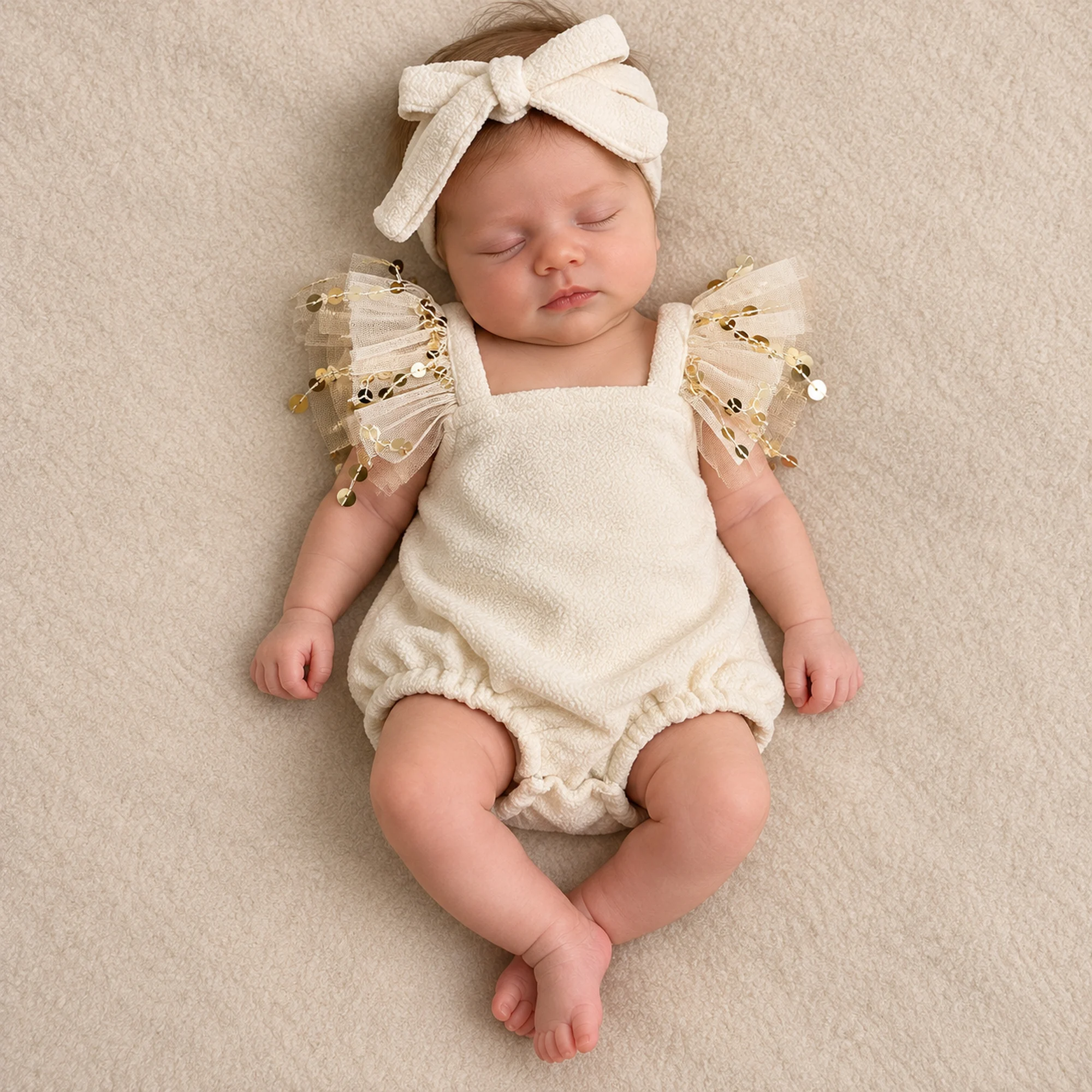 Don&Judy Sherpa Fleece Sleeveless Bodysuit Romper with Tulle Sequin Ruffle Straps with Matching Fleece Newborn Girl Photography