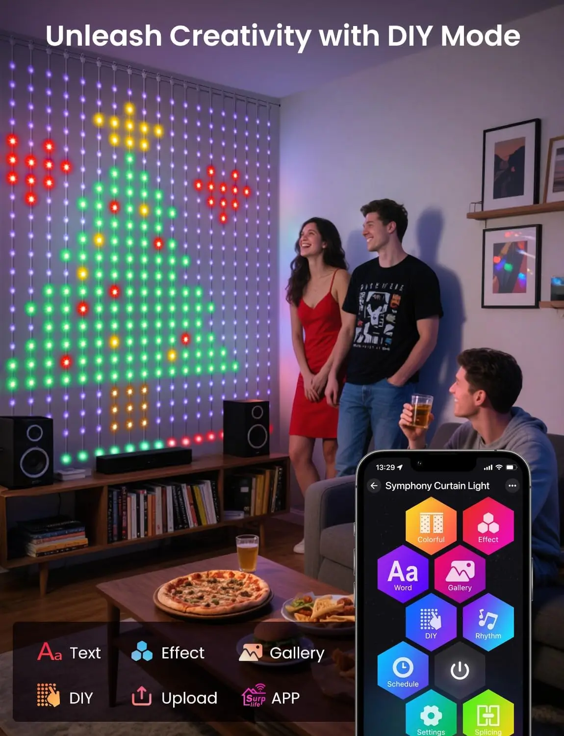 스마트 요정 커튼 스트링 라이트 블루투스 앱 제어 400LED 크리스마스 조명 DIY 사진 디스플레이 가랜드 파티 웨딩 장식