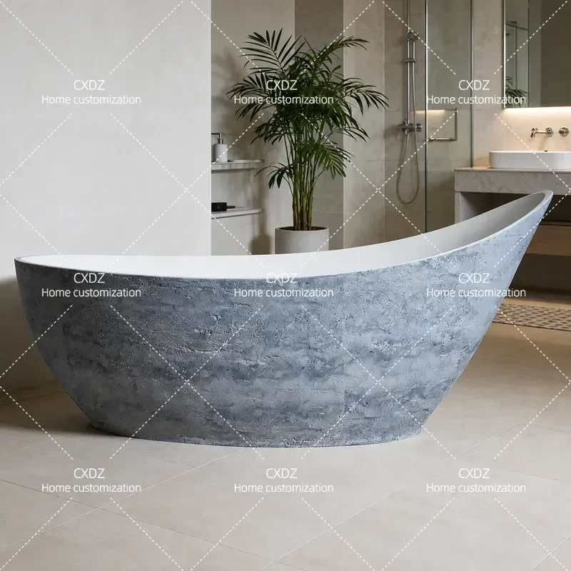 French Retro Travertine Granular Freestanding Bathtub Creative Moon Shaped Tub for Hotel Mansion Project