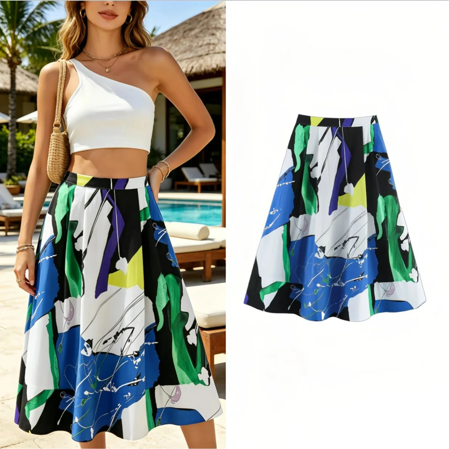 2026 Summer Abstract Print Pleated Midi Skirt Women High Waist Colorful Flowy Casual Skirt Fashion Versatile Female