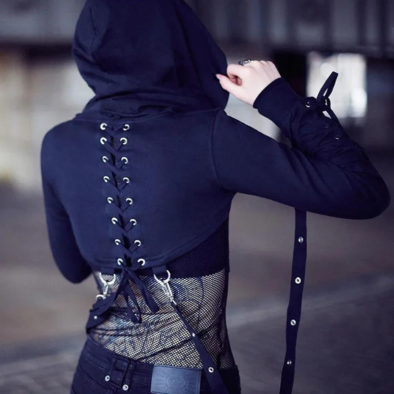 Gothic Sle Long Sve loween Sweatirt Women's Loose Fit Pullover Belly Button Exposure Zipper Detail Streetwear