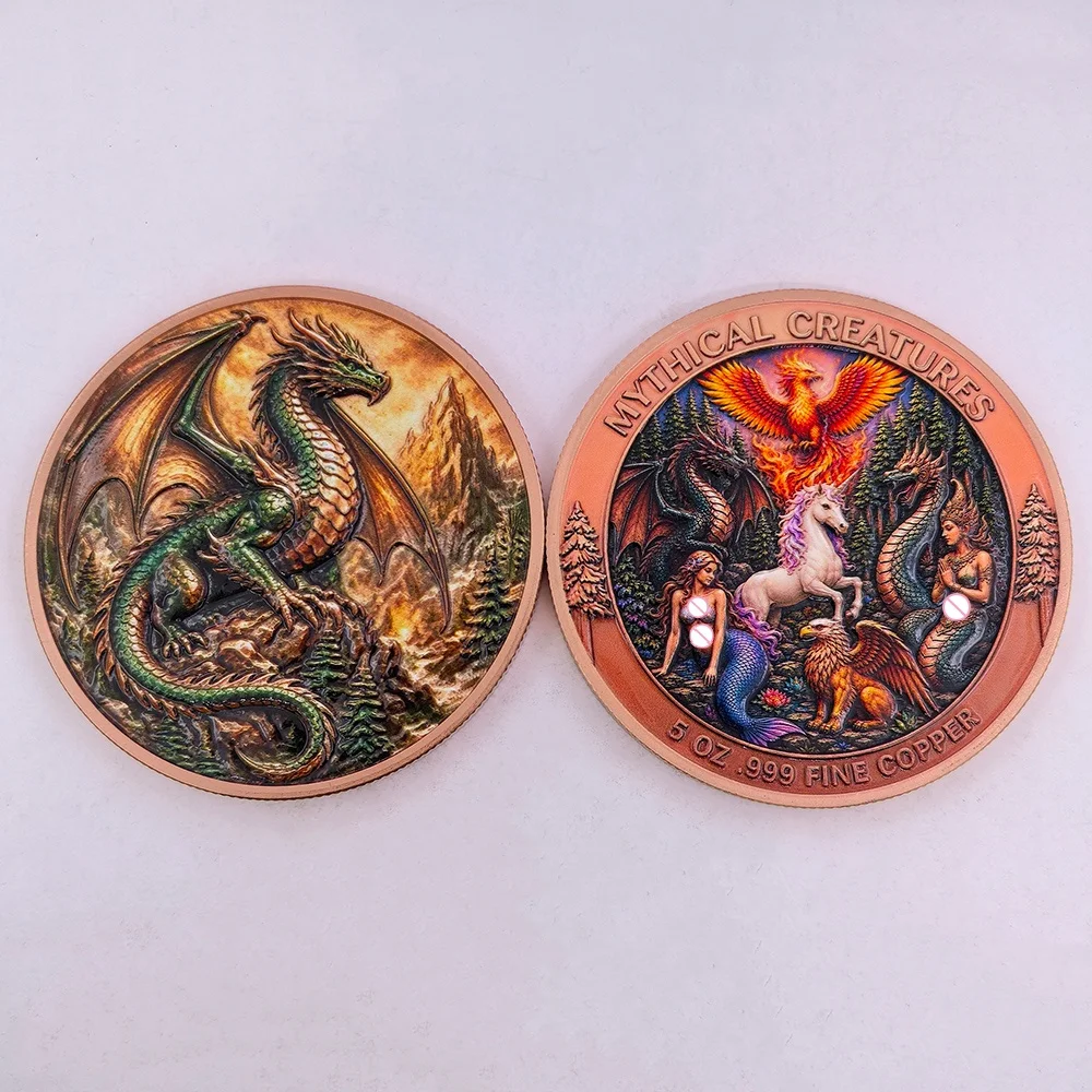 6 Types 5 OZ Pure Copper Mythology Fantasy Beasts Commemorative Round Coin Mermaid Dragon Phoenix Unicorn Collection Gift