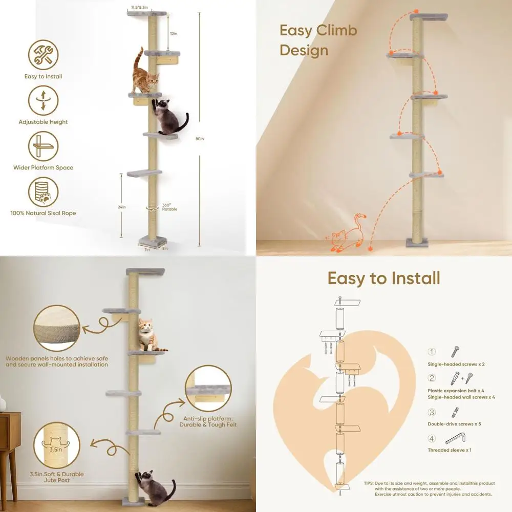 

PAWSCRAT Wall-Mounted Cat Tree, 5 Tier loor to Ceiling Cats Tower, 80 Inch Wall-Mounted Cat Scratching Post, Space Saving Cat ur