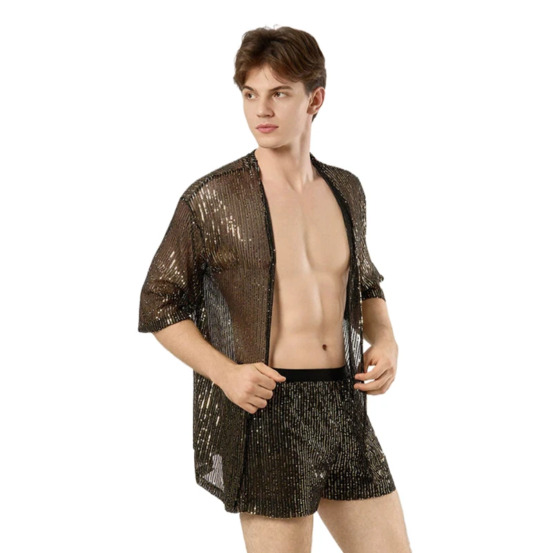 Herrenbekleidung 2-Teiliges Outfit Strickjacke Shorts Herren-Set Glitzernder Lockerer Strandüberzug Nachtclub Festival Rave Party Bühnenkostüm – Detail 3