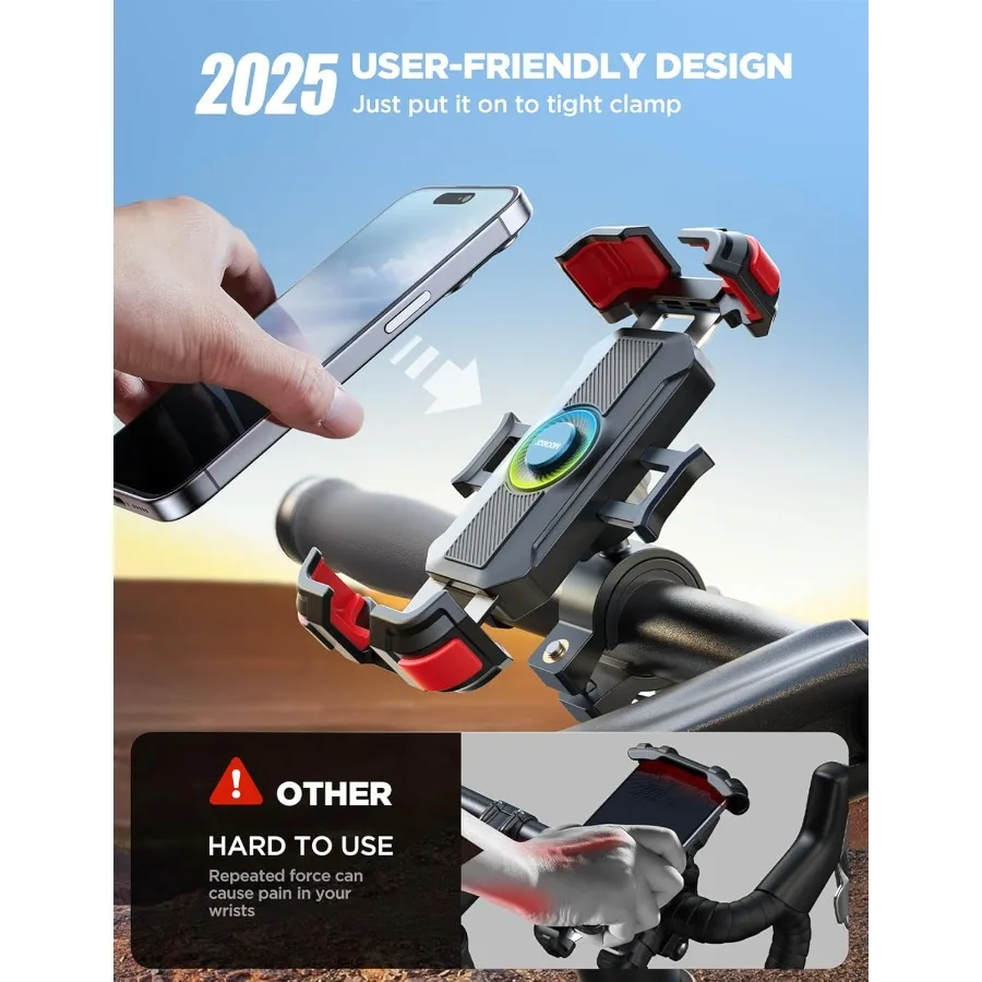 Soporte de montaje para teléfono de motocicleta, actualización de 2025, [tirón de amarre de Metal, bloqueo automático de 1 s], abrazadera para manillar de montaje para teléfono de bicicleta [sin vibración] Bi