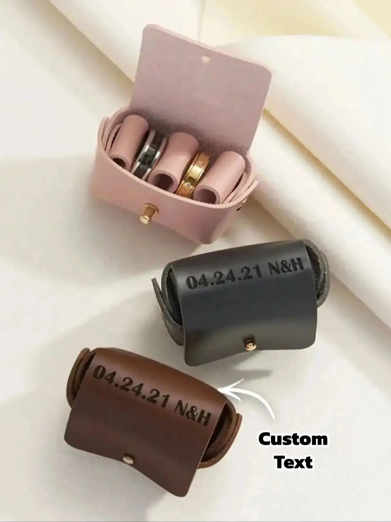 Custom Leather Ring Pouch Personalized Engraved Jewelry Holder Double Rings Box Wedding Gift for Bride Groom Mother Day