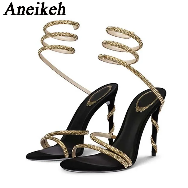 Aneikeh Star Style Luxury Crystal Snake Coiled Ankle Strap Lady Gladiator Sandals Sexy Stiletto High Heel Summer Party Prom Shoe