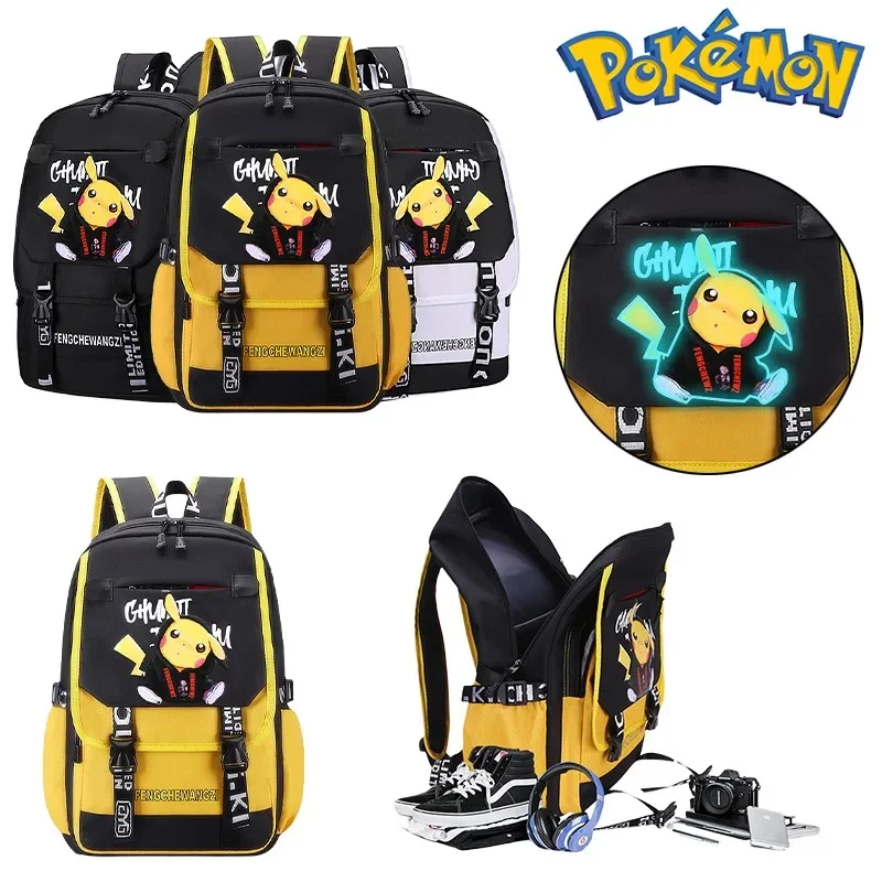 Pokemon Pikachu Schoolbag Cartoon Fashionable Luminous Large Capacity Backpack Student Zipper School Bag Rucksack for Kids Gift