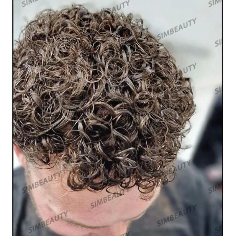 Brown 18mm Curly 100% Human Hair Men Toupee Durable Full Skin Base Male Wigs Replacement Natural Hairline Capillary Prosthesis