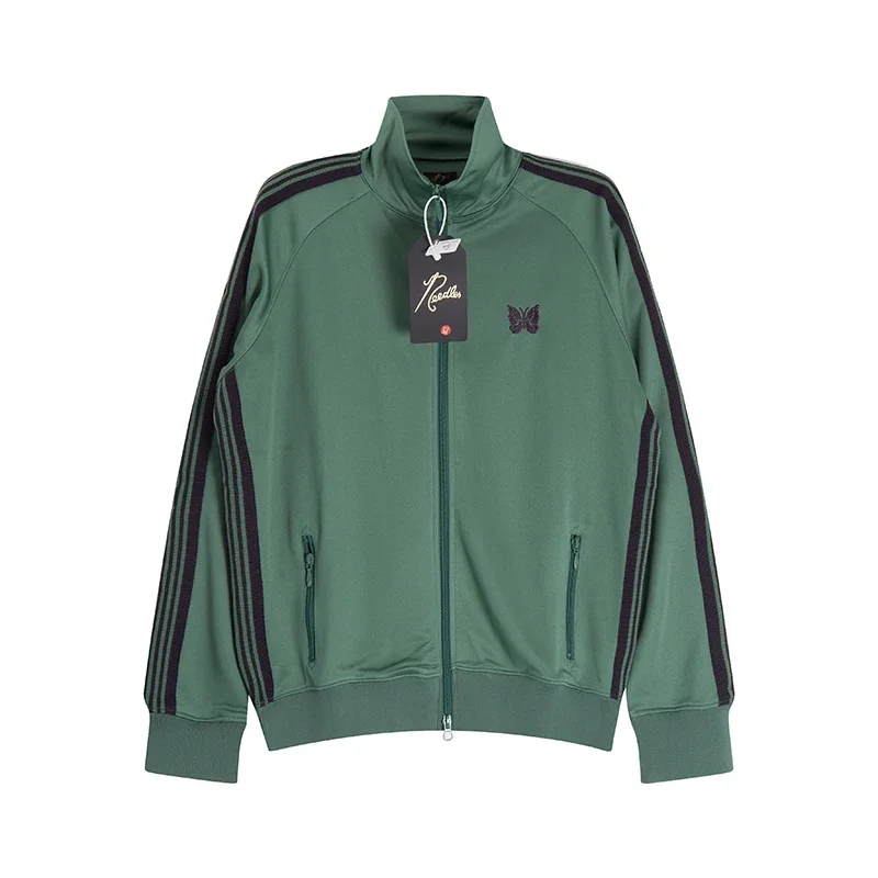 Cotton Jacket Butterfly Embroidery Webbing Track Stripe Zipper Coat Men Women Oversize Stand Collar Green Long Sleeve