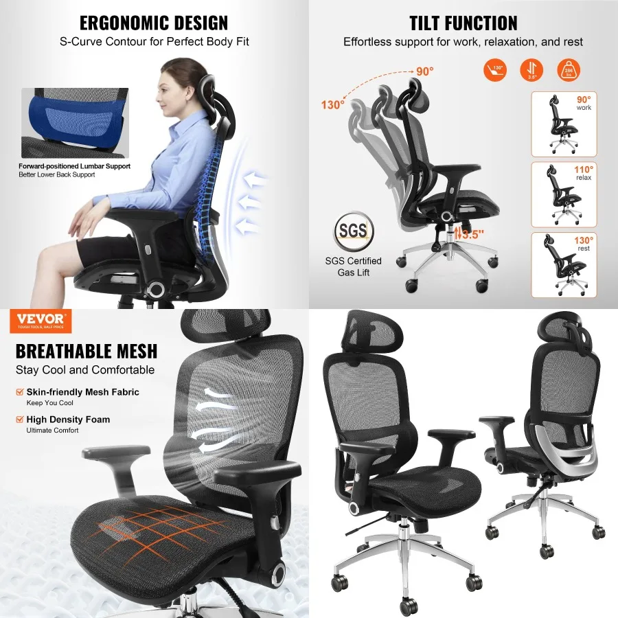 

Эргономичный офисный стул VEVOR, настольный стул с сетчатым углом сиденья и регулируемым по высоте домашний офисный стул со спинкой, поясницей и поддержкой головы