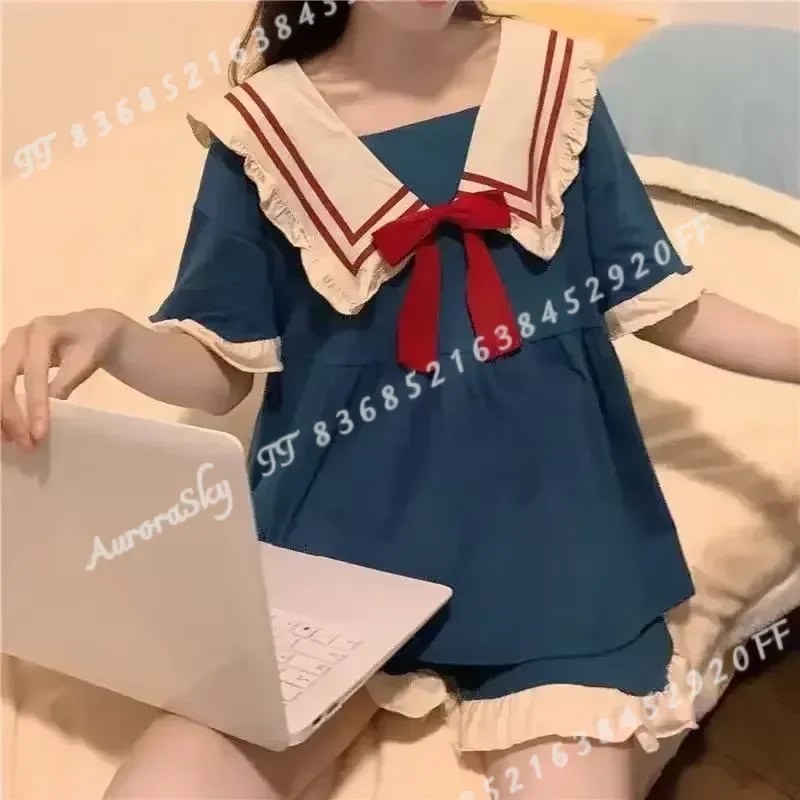 Plus Size Women Pajamas Set Sweet Doll Neck Short Sleeve Top and Shorts 2PCS Solid Color Kawaii Homewear for Girls Students