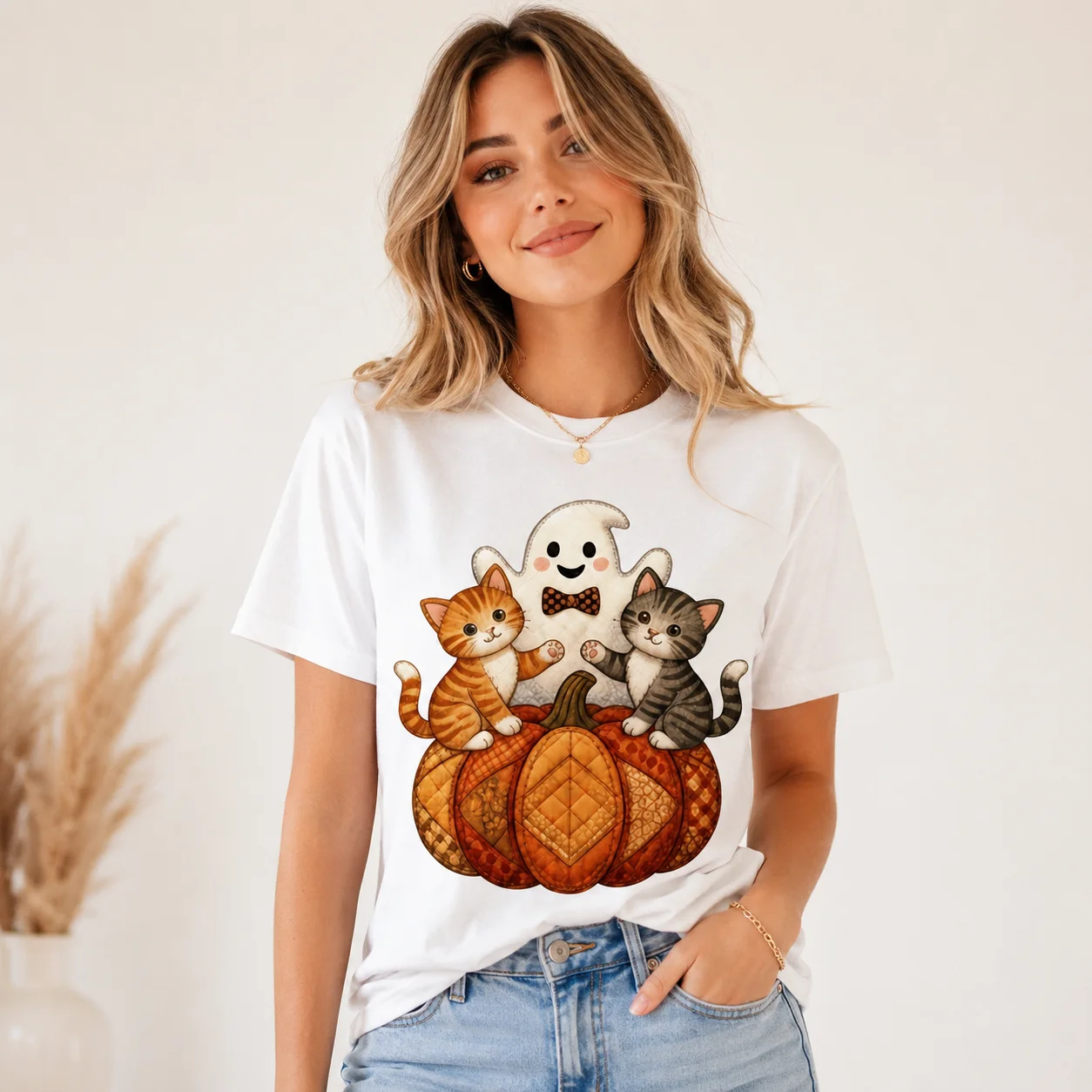 Halloween Ghost Kittens Quilted Pumpkin Graphic T Shirt Women 100% Cotton Cute Cat Fall Autumn Short Sleeve Casual Tee