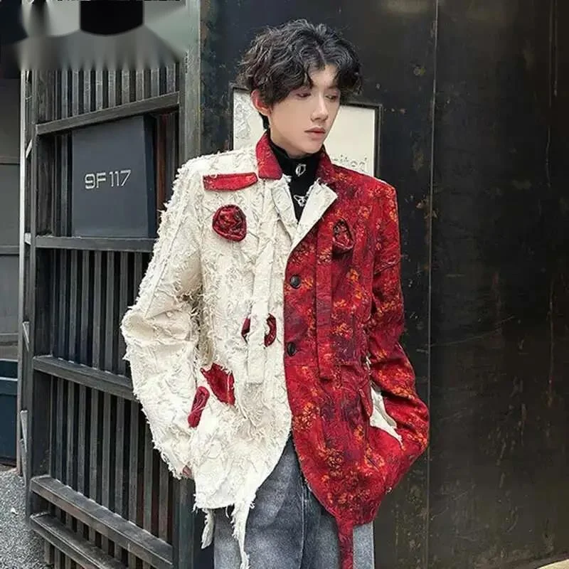 

New Trendy Men's Blazers Ribbon Patchwork Three-dimensional Rose Handmade Contrast Color Single Breasted Male Suit 9RA33