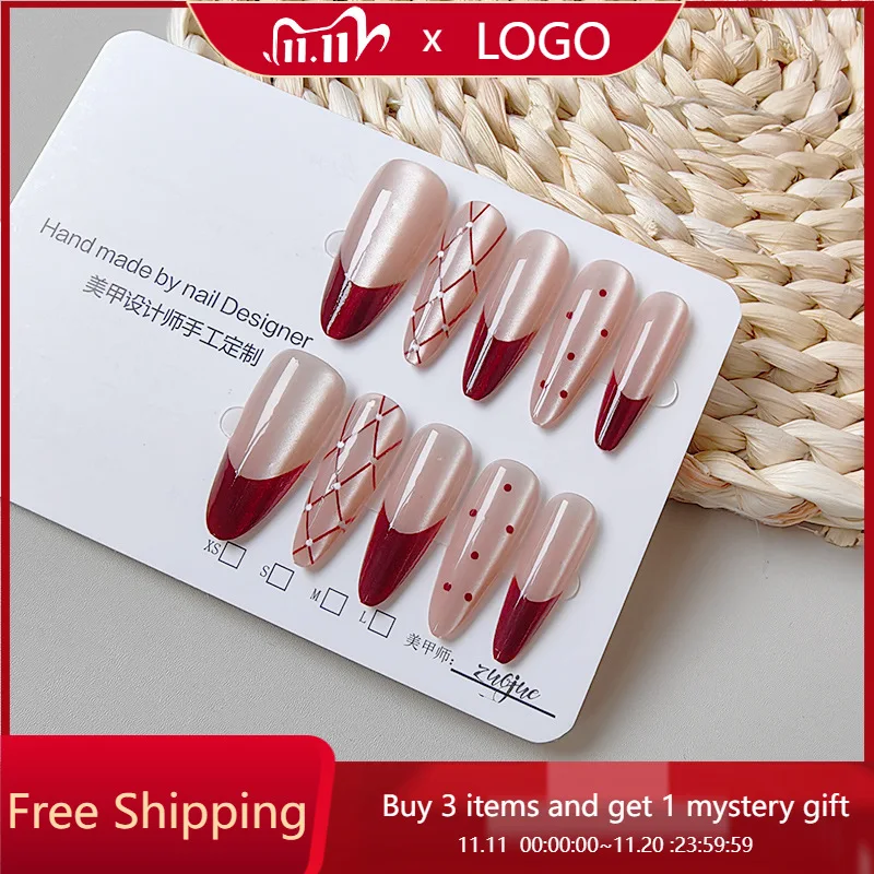 10Pcs Handmade Nails Checkered French Wine-Red Cat Eye Long Tips Press-On Nails Perfect for Gifting To Women and Friends
