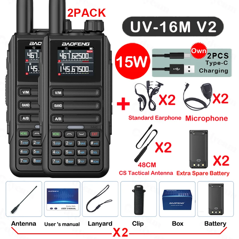 2Pack Baofeng Uv 16M V2 Waterdichte Walkie Talkie Hoge Capaciteit Am Fm 2-Way Radio Full Band Lcd-Scherm Frequentie Kopiëren Ruis Verminderen