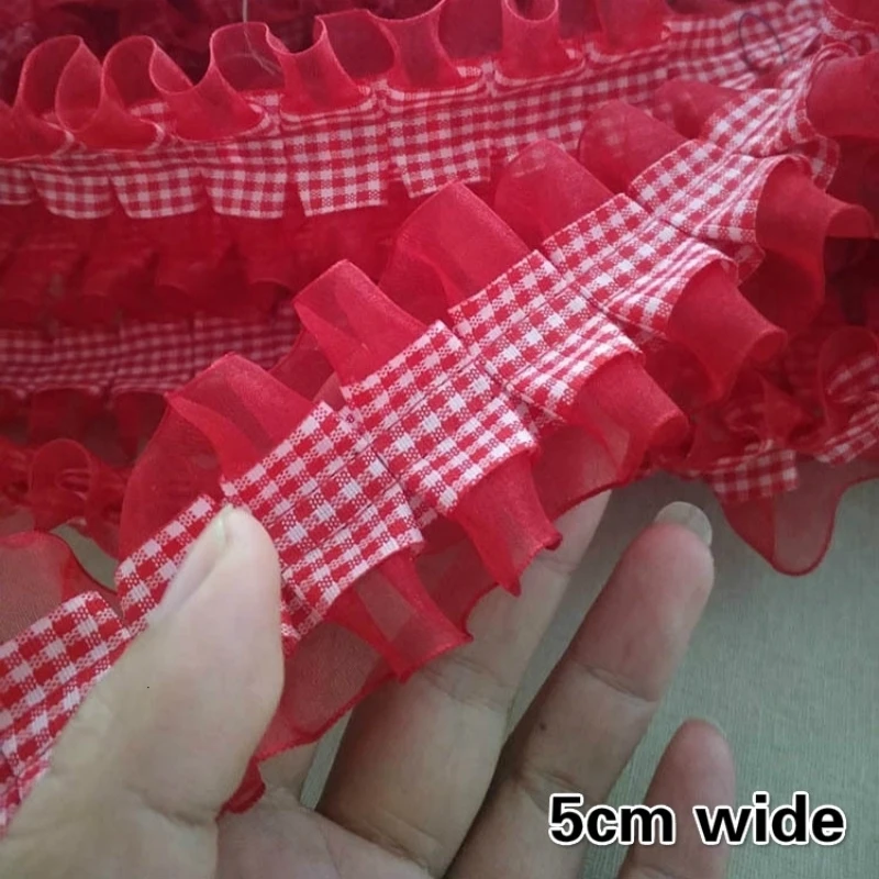 Fine Organza Gingham Ribbon Creasing Red Lace Fabric DIY Lady Doll Clothes Collar Cuffs Hemming Pet Toy Puffy Skirt Accessories