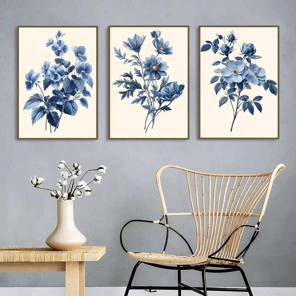 

Set of 3 blue herbalist herbal leaves canvas poster wall art modern bedroom decor, kitchen living room home decor, frameless