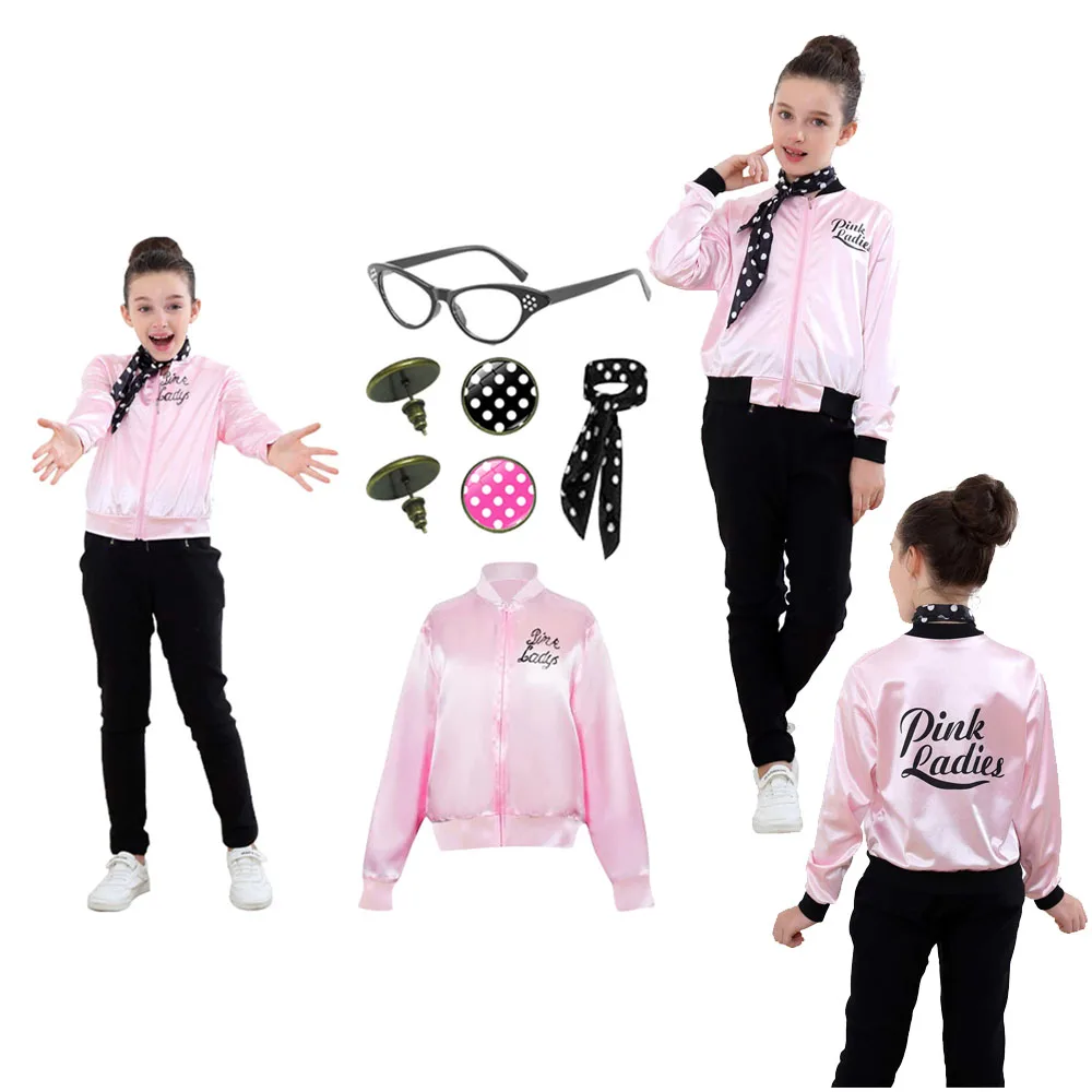 Grease Cosplay Pink Ladies Coat Glasses Scarf Earrings Costume for Kids Children Outfits Halloween Carnival Party Fantasia Suit