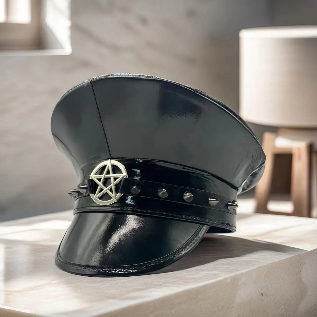 HongLuan Laser lederen kapiteinshoed Strass en militaire petten voor dames, Rave Festivals Accessoires & Feestpet Man Cosplay Fem