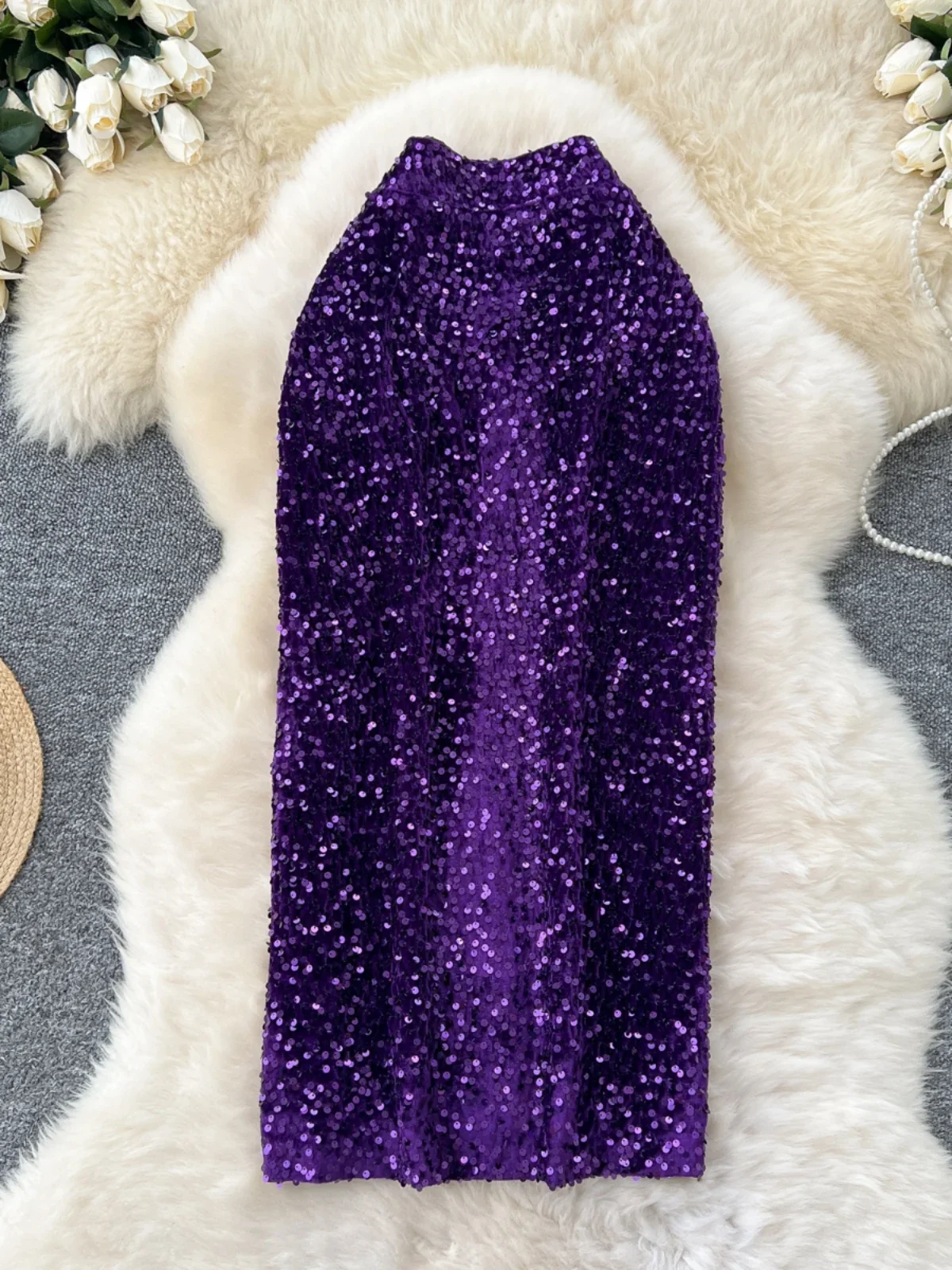 Foamlina-Jupe longue en velours à paillettes violettes pour femme, jupe slim pour club de fête d'anniversaire, jupe longue Rotterdam pour femme, mode