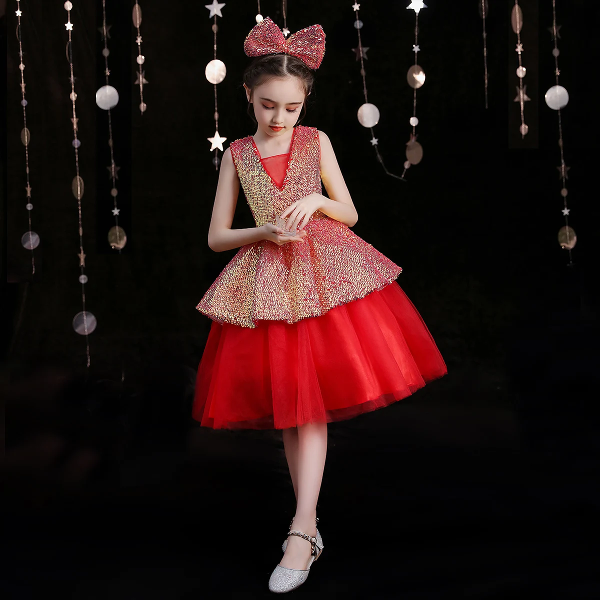 Children's Dress Red Girl Skirt Princess  Drama Catwalk Host Piano Performance Dress birthday shirt for family