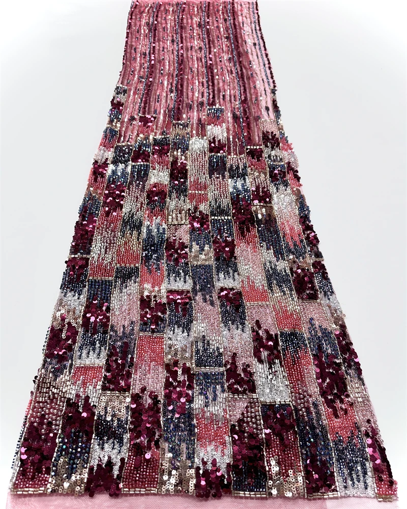 Luxury Sequin Beaded African Mesh Lace Fabric 5 Yards Tulle for Wedding Dresses Embroidery Sewing Nigerian Style