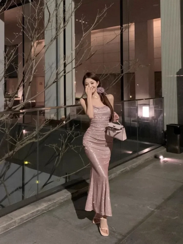 Kimotimo Evening Dress Women French Style Swinging Collar Shiny Sequin Folds Waist Slim Fishtail Long Dresses Temperament Summer