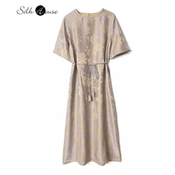 Double Sided Exquisite Jacquard Vertical Feeling Gray Gold Peony 70% Natural Mulberry Silk Retro Women's Short Sleeved Dress