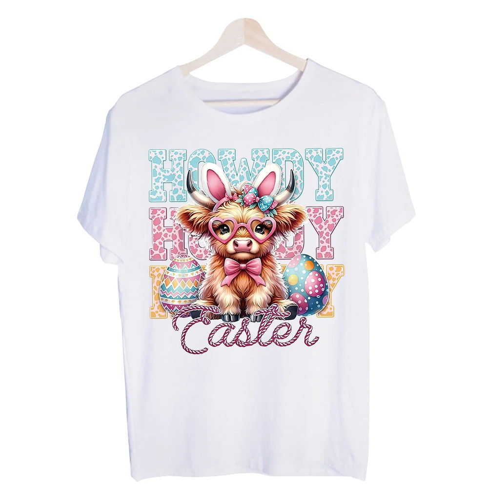 Women's Easter Cow with Bunny Ears Graphic Tee, Short Sleeve Crew Neck T-Shirt for Spring Holiday Celebrations
