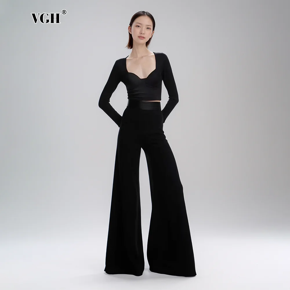 VGH Minimalist Solid Two Piece Sets For Women Square Collar Long Sleeve Slim Tops High Waist Loose Pants Casual Set Female New