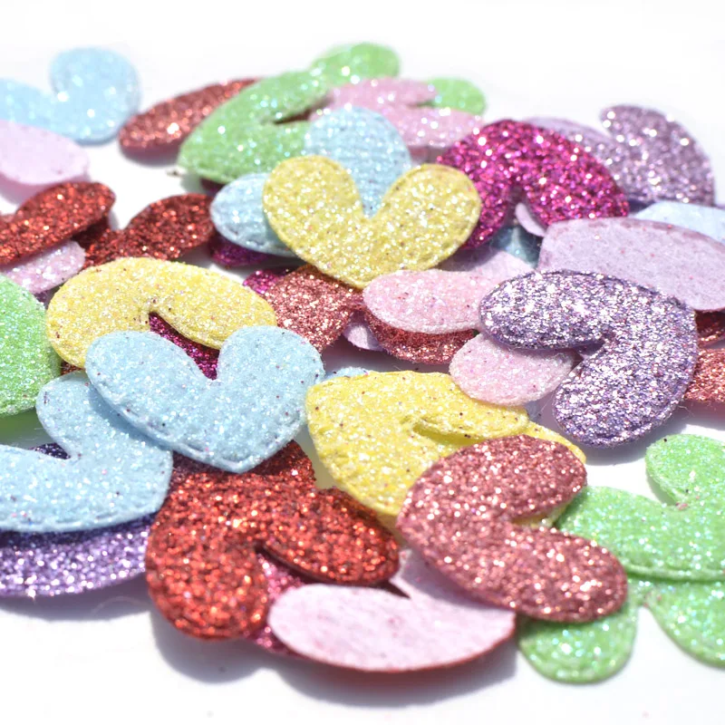 50Pcs 18 * 22mm Mixed Sweet Glitter Heart Sewing on Felt Fabric Patch Cloth Appliques / Craft Wedding Decor